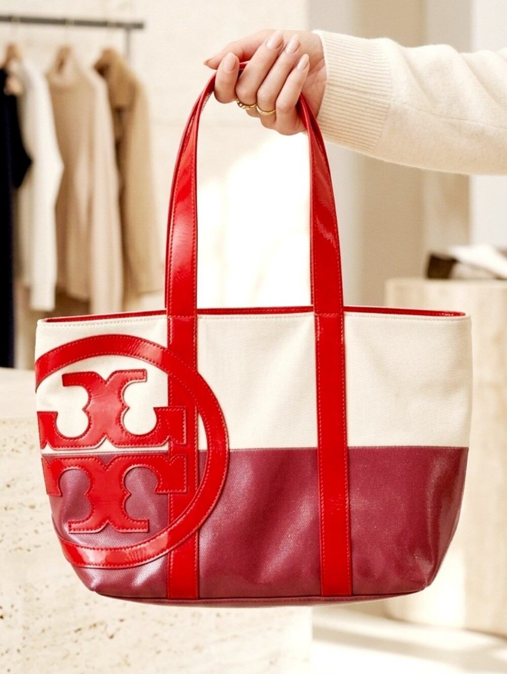 Tory Burch Large Logo Dipped Red/ Cream/Pink Canvas Tote 18"×10"×5"